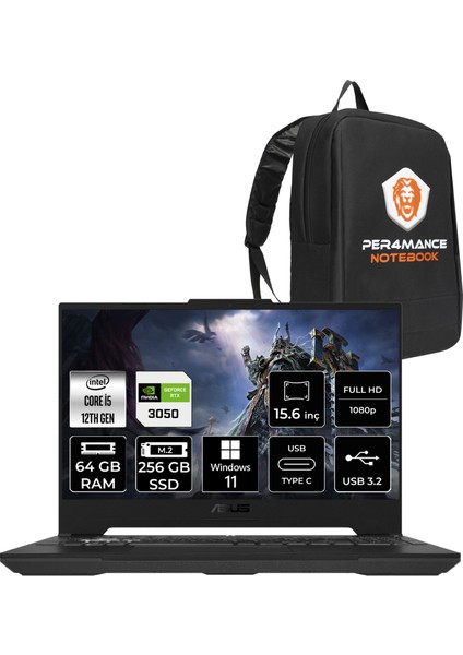 Tuf Gaming F15 Intel Core I5 12500H 64GB 256GB SSD RTX3050/4GB 95W 15.6" Fhd 144Hz Windows 11 Home Taşınabilir Bilgisayar & Per4 Çanta HN211 Pro396