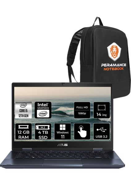 Expertbook B3 Flip Intel Core I5 1235U 12GB 4tb SSD 14" Fhd W11P Touch Taşınabilir Bilgisayar & Per4 Çanta B3402I58512B1DP360