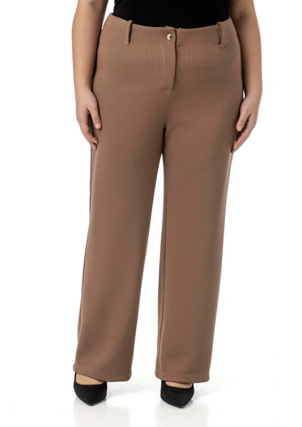 Büyük Beden Beli Arkadan Lastikli Boru Paça Klasik Vizon Pantolon