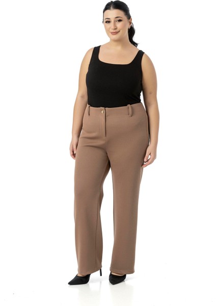Büyük Beden Beli Arkadan Lastikli Boru Paça Klasik Vizon Pantolon fırsatları