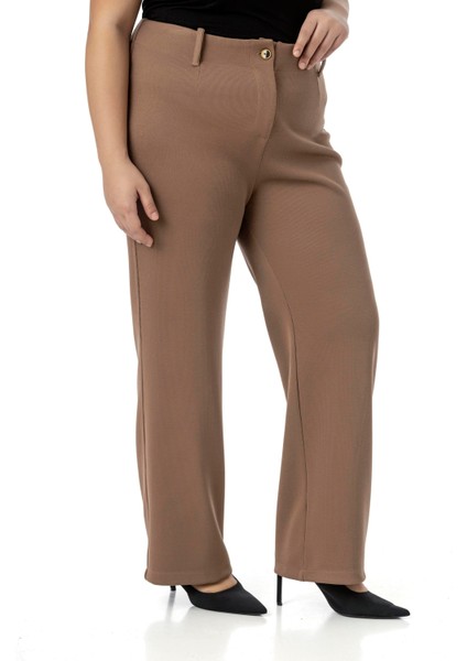 Büyük Beden Beli Arkadan Lastikli Boru Paça Klasik Vizon Pantolon indirimleri