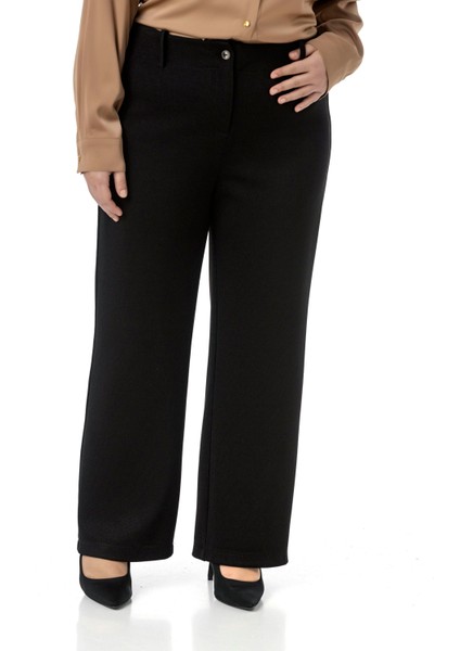 Büyük Beden Beli Arkadan Lastikli Boru Paça Klasik Siyah Pantolon