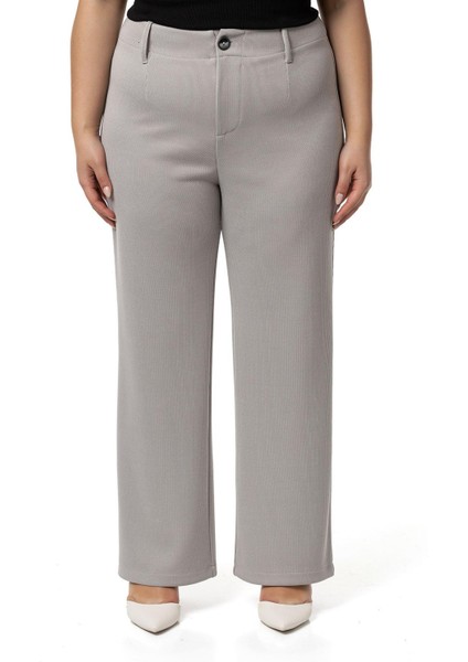 Büyük Beden Beli Arkadan Lastikli Boru Paça Klasik Gri Pantolon