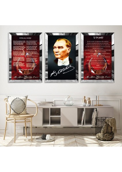 Atatürk Istiklal Marşı ve Gençliğe Hitabe Gold Pleksi Kenar Mdf Tablo