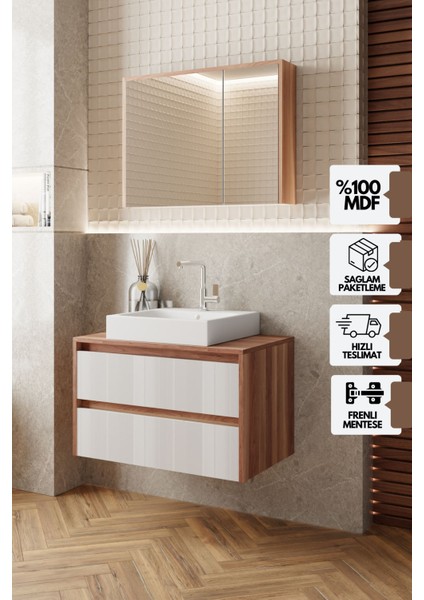 Karen Banyo Loon 80 cm Tezgah Üstü Lavabolu Banyo Dolabı Seti Komple Mdf