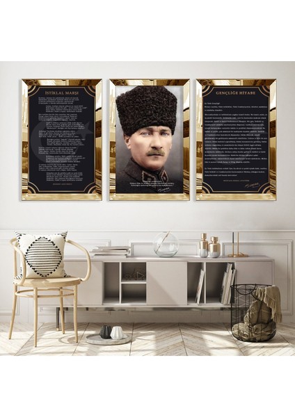 Mustafa Kemal Atatürk Gold Pleksi Kenar Mdf Tablo