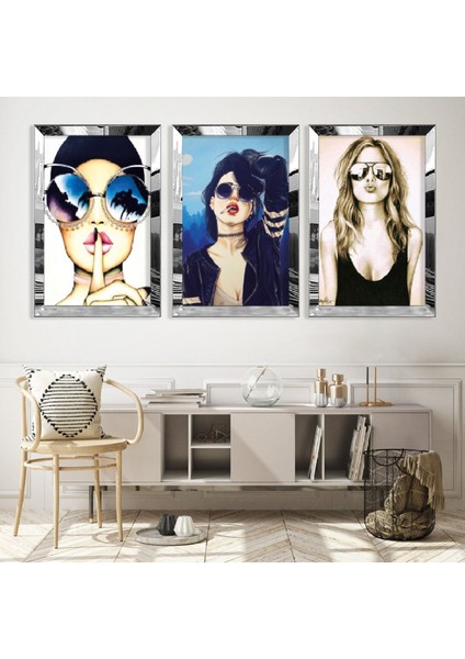 Gözlüklü Kadın Çizim Gold Pleksi Kenar Mdf Tablo