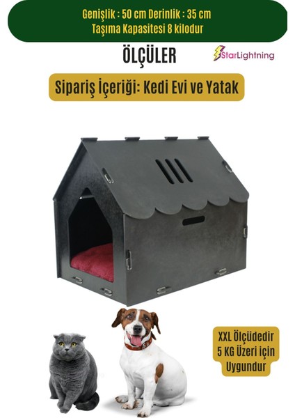 Ahşap Büyük Kedi Yatağı Premium Kalite Siyah Kedi Evi 50x35 cm Parlak Boyalı Çatılı Çizgili Model