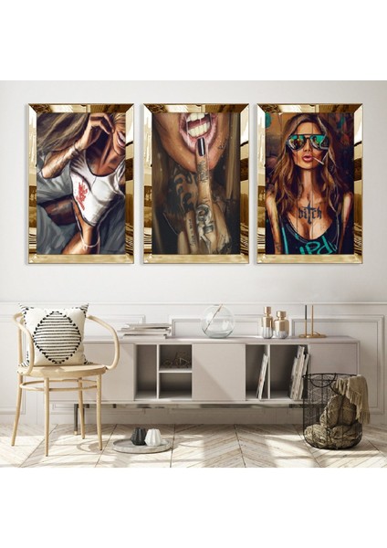Kolaj Çizim Cesur Kadın Poz Gümüş Pleksi Kenar Mdf Tablo