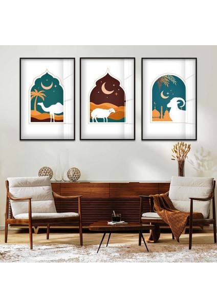 Kurban Dini 3'lü Metal Çerçeveli Cam Tablo Seti