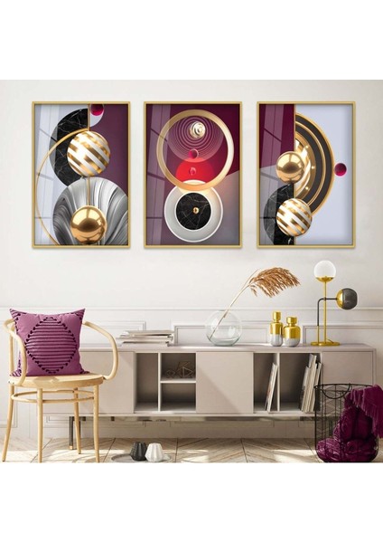 MİNİMALİST SOYUT DESEN 3'LÜ METAL ÇERÇEVELİ CAM TABLO SETİ