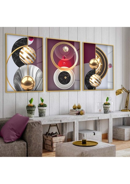 MİNİMALİST SOYUT DESEN 3'LÜ METAL ÇERÇEVELİ CAM TABLO SETİ
