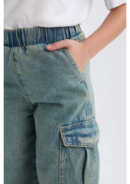 Kız Çocuk Kargo Cepli Wide Leg Geniş Bol Paça Jean Pantolon D4690A824WN