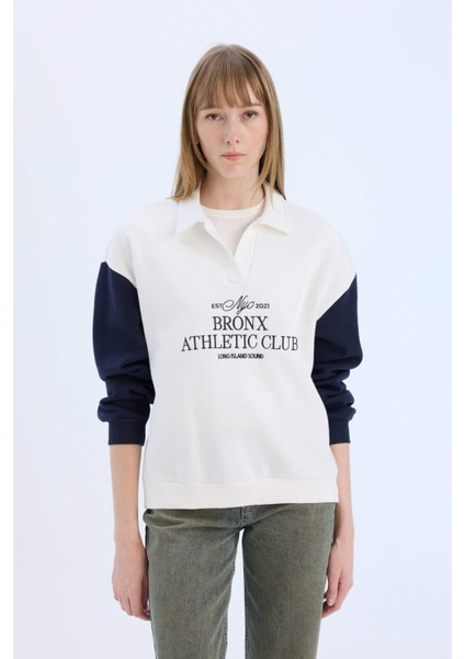 Oversize Geniş Kalıp Polo Yaka Baskılı Kalın Sweatshirt E1852AX24WN modelleri
