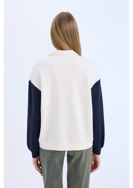 Oversize Geniş Kalıp Polo Yaka Baskılı Kalın Sweatshirt E1852AX24WN