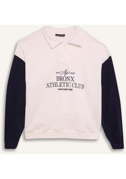 Oversize Geniş Kalıp Polo Yaka Baskılı Kalın Sweatshirt E1852AX24WN