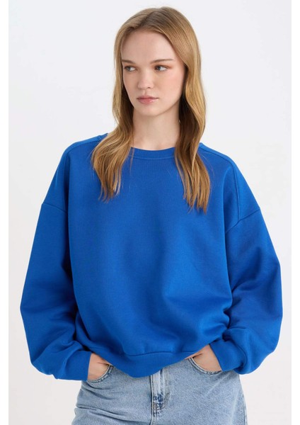 Coool Oversize Geniş Kalıp Bisiklet Yaka Kalın Basic Düz Sweatshirt A4177AX24WN