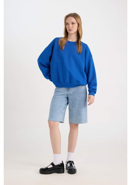 Coool Oversize Geniş Kalıp Bisiklet Yaka Kalın Basic Düz Sweatshirt A4177AX24WN