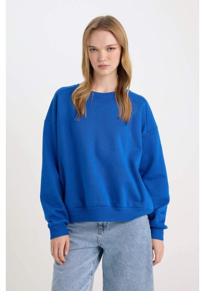 Coool Oversize Geniş Kalıp Bisiklet Yaka Kalın Basic Düz Sweatshirt A4177AX24WN