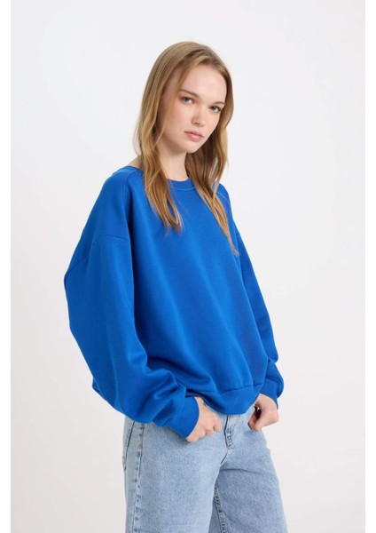 Coool Oversize Geniş Kalıp Bisiklet Yaka Kalın Basic Düz Sweatshirt A4177AX24WN