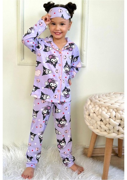 Kız Çocuk Mor / Lila Renk Sevimli Kedi Desenli Uzun Kollu Pijama Takımı Göz - Uyku Bandı Dahil