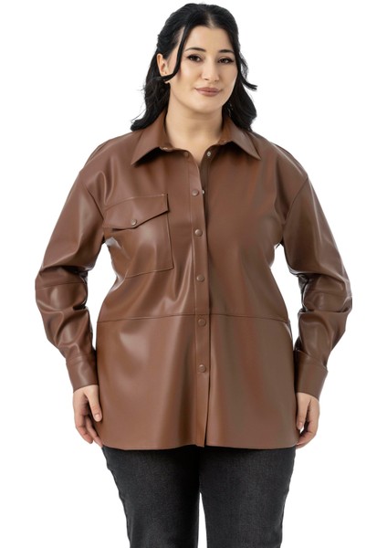 Büyük Beden Tek Cepli Çıtçıt Kapamalı Deri Kahverengi Gömlek