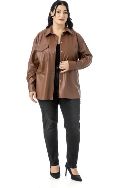 Büyük Beden Tek Cepli Çıtçıt Kapamalı Deri Kahverengi Gömlek fiyatları