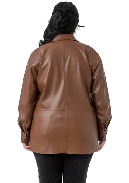 Büyük Beden Tek Cepli Çıtçıt Kapamalı Deri Kahverengi Gömlek modelleri