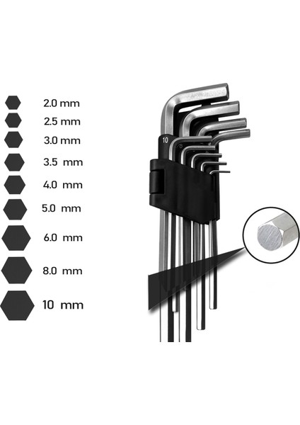9 Parça Uzun Boy Çelik Alyan Anahtar Seti (Birer Adet 2mm, 2.5MM,3MM,4MM,5MM,6MM,8MM,10MM) fiyatları