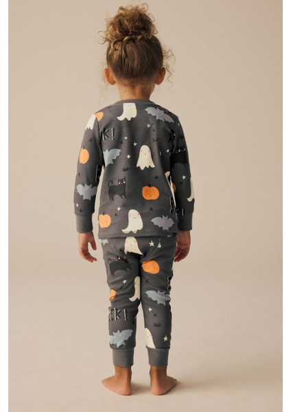 Kız Çocuk Yeni Sezon Penye Bal Kabağı Kedi Gece Temalı Paça Lastikli Pijama Takımı