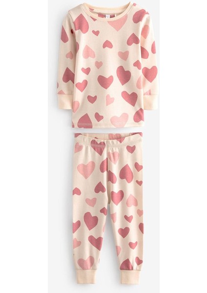Kız Çocuk Yeni Sezon Pamuk Penye Somon Tonlu Kalp Baskılı Paça Lastikli Pijama Takımı fırsatları