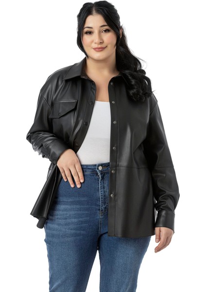 Büyük Beden Tek Cepli Çıtçıt Kapamalı Deri Siyah Gömlek