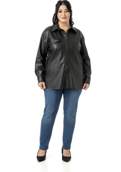 Büyük Beden Tek Cepli Çıtçıt Kapamalı Deri Siyah Gömlek fiyatları