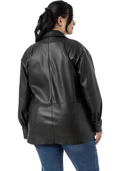 Büyük Beden Tek Cepli Çıtçıt Kapamalı Deri Siyah Gömlek modelleri