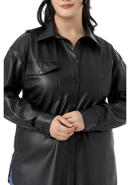 Büyük Beden Tek Cepli Çıtçıt Kapamalı Deri Siyah Gömlek fırsatları