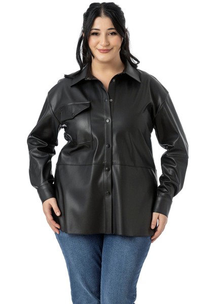 Büyük Beden Tek Cepli Çıtçıt Kapamalı Deri Siyah Gömlek indirimleri