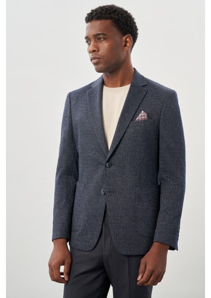 Koyu Lacivert Desenli Örme Mono Yaka Astarsız Esnek 6 Drop Slim Fit Casual Ceket 1002245159