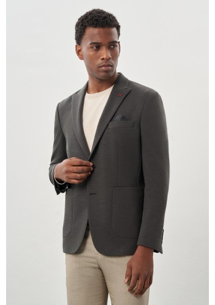 Koyu Haki Örme Kılıç Yaka 6 Drop Slim Fit Ceket 1002245155