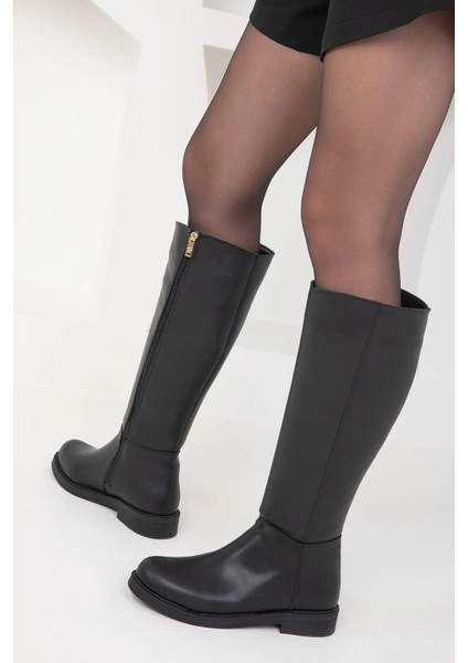 Kafkaslar Düz Kaymaz Taban Siyah Bayan Çizme