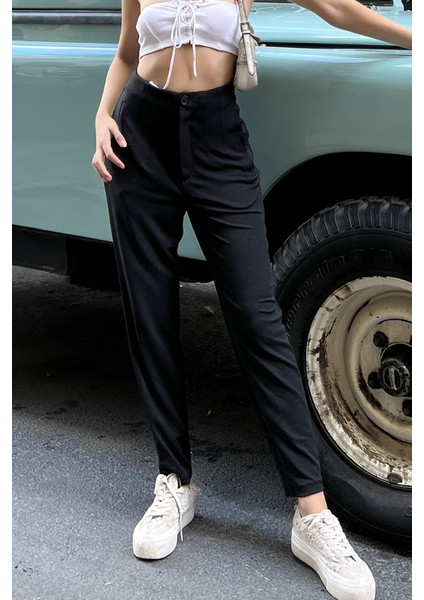 Siyah Pensli Yüksek Bel Krep Pantolon