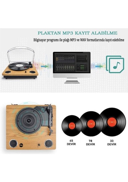 *ücretsiz Kargo Record Master TT249 Retro Pikap Bluetooth + Mp3 Kayıt Özelliği Tüm Plakları Çalabilen Pikap 33, 45, 78 Devir