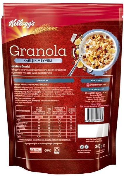 Granola Karışık Meyveli 340 gr x 10 Adet, %45 Yulaf Içerir, Lif Kaynağı, %20 Kurutulmuş Meyve