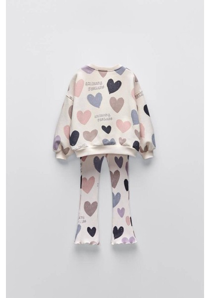 Kız Çocuk Kalp Baskılı 3 Iplik Kumaş Fitilli Ispanyol Paça Taytlı Altüst Takım fiyatları