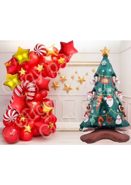 Yılbaşı Çam Ağacı Kırmızı Renk Balonlar Ile Yenı Yıl Konsetli Özel Gün Parti Kutlama Seti