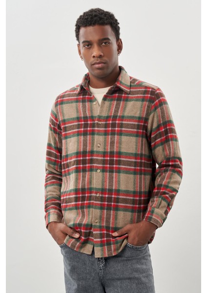 Mürdüm Yünlü Ekose Desen Yumuşak Yaka Cepsiz Uzun Kol Casual Comfort Fit Gömlek 1004245227