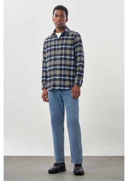 Lacivert Yünlü Ekose Desen Yumuşak Yaka Cepsiz Uzun Kol Casual Comfort Fit Gömlek 1004245227 fiyatları
