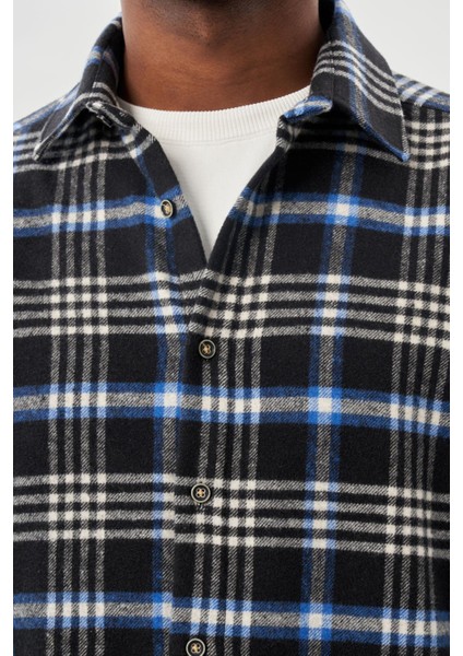 Lacivert Yünlü Ekose Desen Yumuşak Yaka Cepsiz Uzun Kol Casual Comfort Fit Gömlek 1004245227 fırsatları