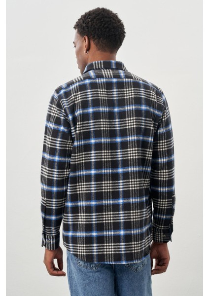 Lacivert Yünlü Ekose Desen Yumuşak Yaka Cepsiz Uzun Kol Casual Comfort Fit Gömlek 1004245227 indirimleri