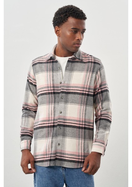 Bordo Yünlü Ekose Desen Yumuşak Yaka Cepsiz Uzun Kol Casual Comfort Fit Gömlek 1004245227