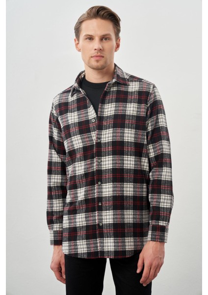 Siyah Yünlü Ekose Desen Yumuşak Yaka Cepsiz Uzun Kol Casual Comfort Fit Gömlek 1004245227